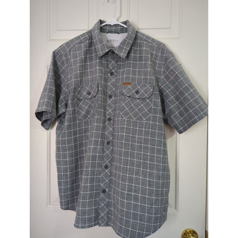 ORVIS Button Shirt Mens Large Gray White Plaid Short Sleeve Lightweight Outdoors